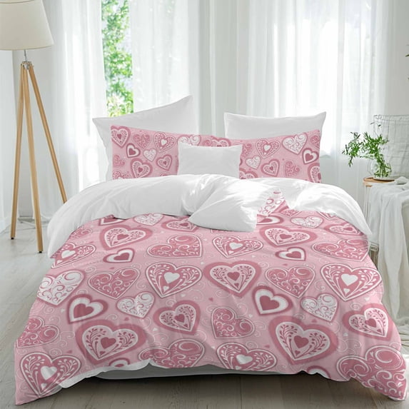 3 Piece Pink Flower Heart,Duvet Cover Set Queen Size,Microfiber Comforter/Quilt Cover with Corner Ties and 2 Pillowcases,Valentine's Day Botanical Love Heart All Season Bedding with Zipper Closure