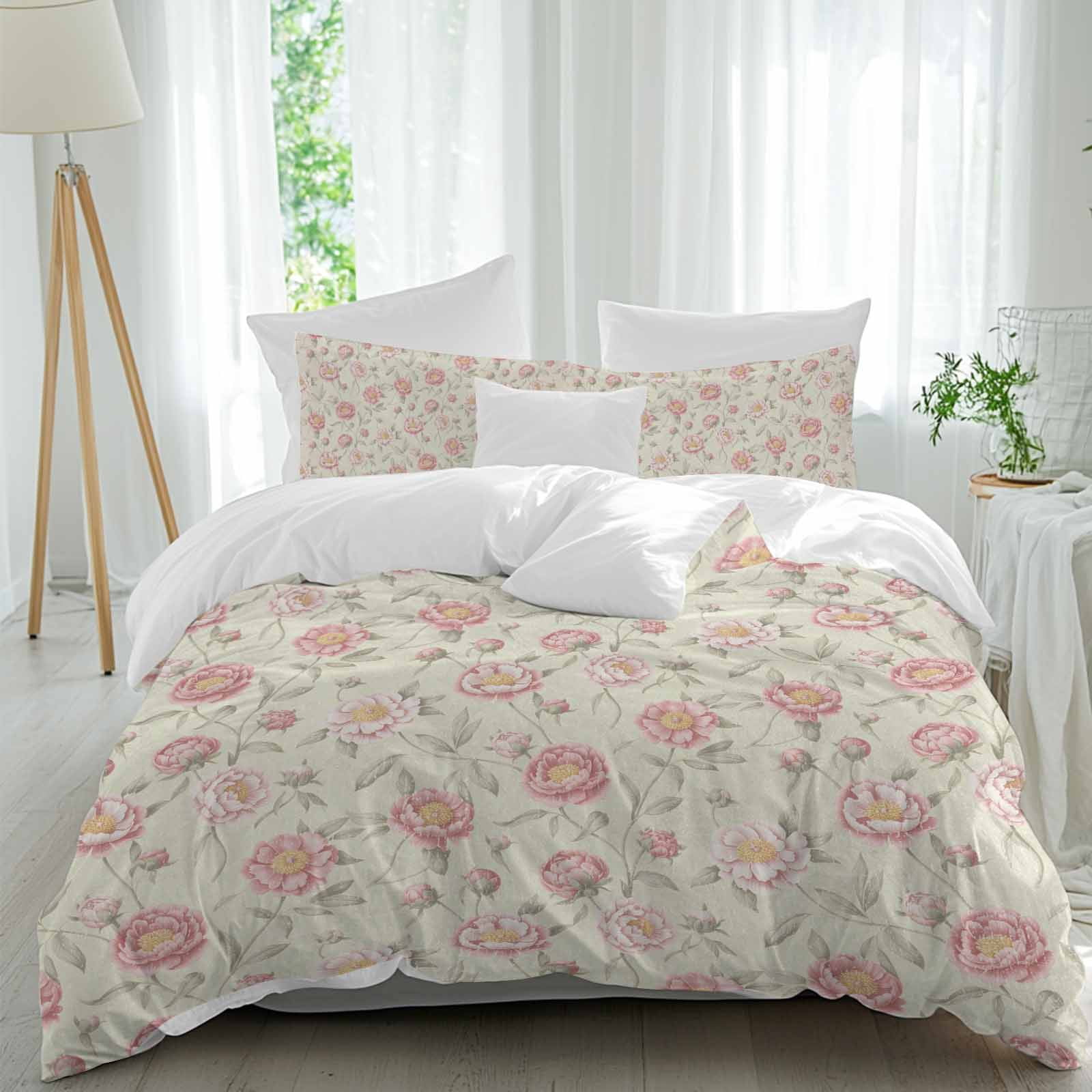 3 Piece Pink Flowers Duvet Cover Set Queen Size,Microfiber Comforter ...