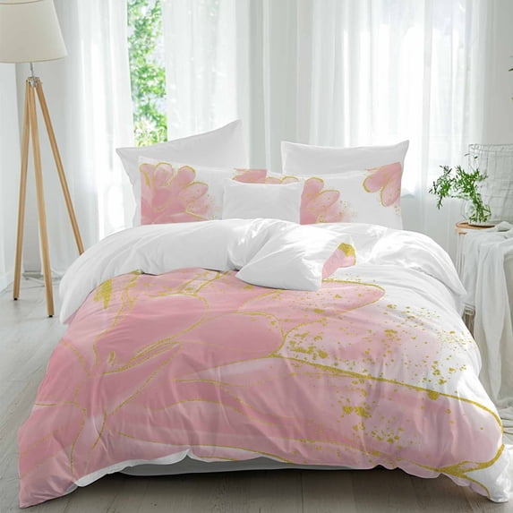 3 Piece Pink Gold Duvet Cover Set Twin Size,Microfiber Comforter/Quilt Cover with Corner Ties and 2 Pillowcases,Boho Modern Abstract Minimalist Aesthetic Flower All Season Bedding with Zipper Closure