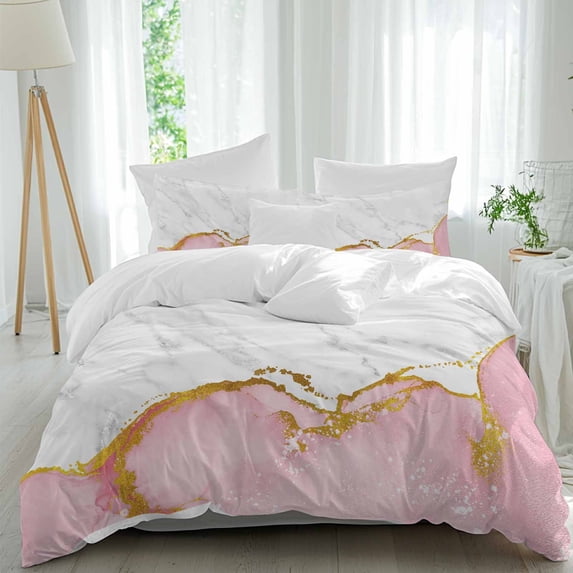 3 Piece Pink Gold Marble Duvet Cover Set Full Size,Microfiber Comforter/Quilt Cover with Corner Ties and 2 Pillowcases,Modern Abstract Marble Crack Texture All Season Soft Bedding with Zipper Closure