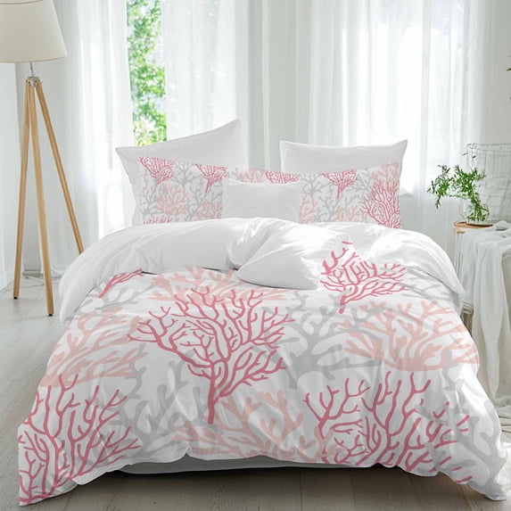 3 Piece Pink Grey Coral Coastal Duvet Cover Set Queen Size,Microfiber Comforter/Quilt Cover with Corner Ties and 2 Pillowcases,Summer Beach Seaside Nautical All Season Bedding with Zipper Closure