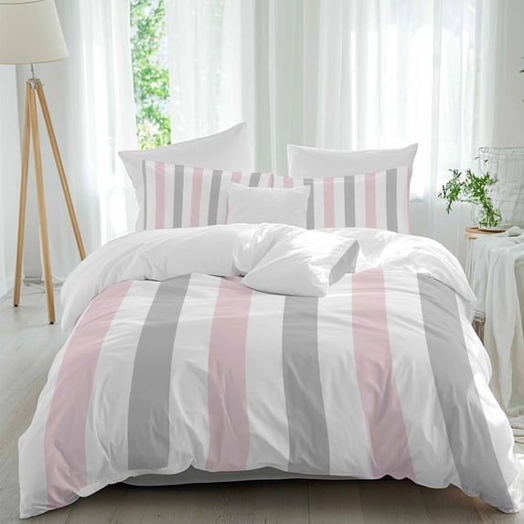 3 Piece Pink Grey Striped Duvet Cover Set Twin Size,Microfiber Comforter/Quilt Cover with Corner Ties and 2 Pillowcases,Geometric Vertical Stripes Minimalist All Season Bedding with Zipper Closure
