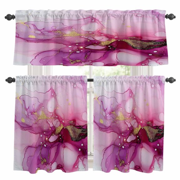 3 Piece Pink Marble Kitchen Curtain Valance and Tiers Set Golden Waves Abstract Art Rod Pocket Tier Curtain 24 Inch Small Window Drapes for Living Room Bedroom Cafe Home Decor
