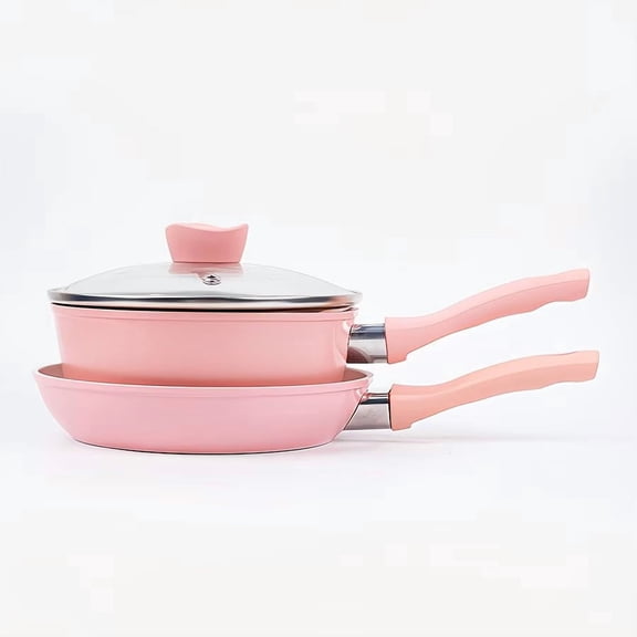 3-Piece Pink Non-Stick Cookware Set with Lid - 8-Inch Frying Pan & 10-Inch Saucepan for Induction, Gas, Electric Stove - Easy Clean Durable Kitchen Gift for Women