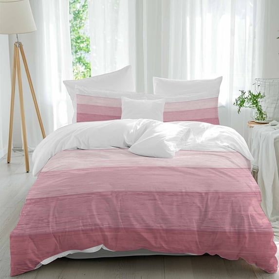 3 Piece Pink Ombre Duvet Cover Set Queen Size, Microfiber Comforter/Quilt Cover with Corner Ties and 2 Pillowcases, Farmhouse Vintage Wooden Striped All Season Soft Bedding with Zipper Closure