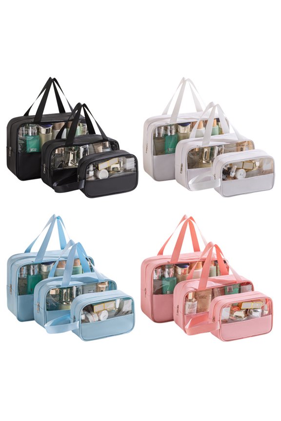 3-Piece Pink PU Leather & Clear PVC Toiletry Bag Set - Large Capacity Waterproof Travel Makeup Organizer & Wash Bag with Zipper