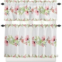3 Piece Pink Poppy Flower Leaf Kitchen Curtains, Tier and Valance Rod Pocket Window Curtains Set Butterfly Floral Plant Cafe Curtains for Kitchen Valances Window Treatment 54X18in 27x36in×2