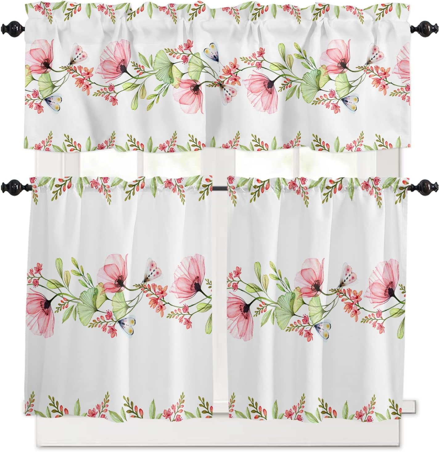 3 Piece Pink Poppy Flower Leaf Kitchen Curtains, Tier and Valance Rod