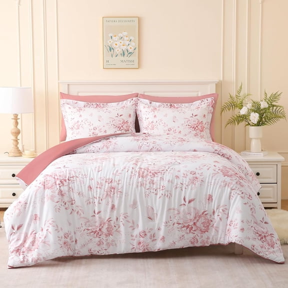 3 Piece Pink Queen Comforter Set Floral Bedding Comforter Sets, Soft Reversible Bed Comforters Queen Size Peony Flower Bedding Set with 2 Pillowcases, 90" x 90"