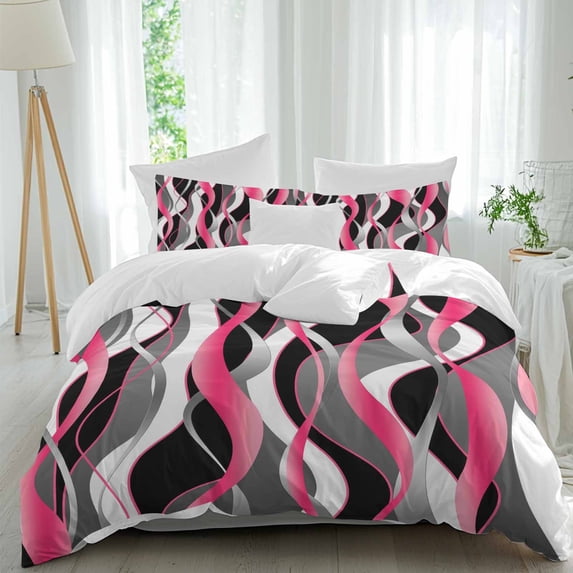 3 Piece Pink Stripe Duvet Cover Set California King,Microfiber Comforter/Quilt Cover with Corner Ties and 2 Pillowcases,Gradient Grey Moire Geometric Modern Abstract Soft Bedding with Zipper Closure