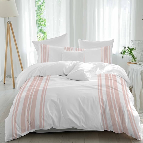 3 Piece Pink Striped Duvet Cover Set Full Size,Microfiber Comforter/Quilt Cover with Corner Ties and 2 Pillowcases,Modern White Striped Abstract Art Aesthetics All Season Bedding with Zipper Closure