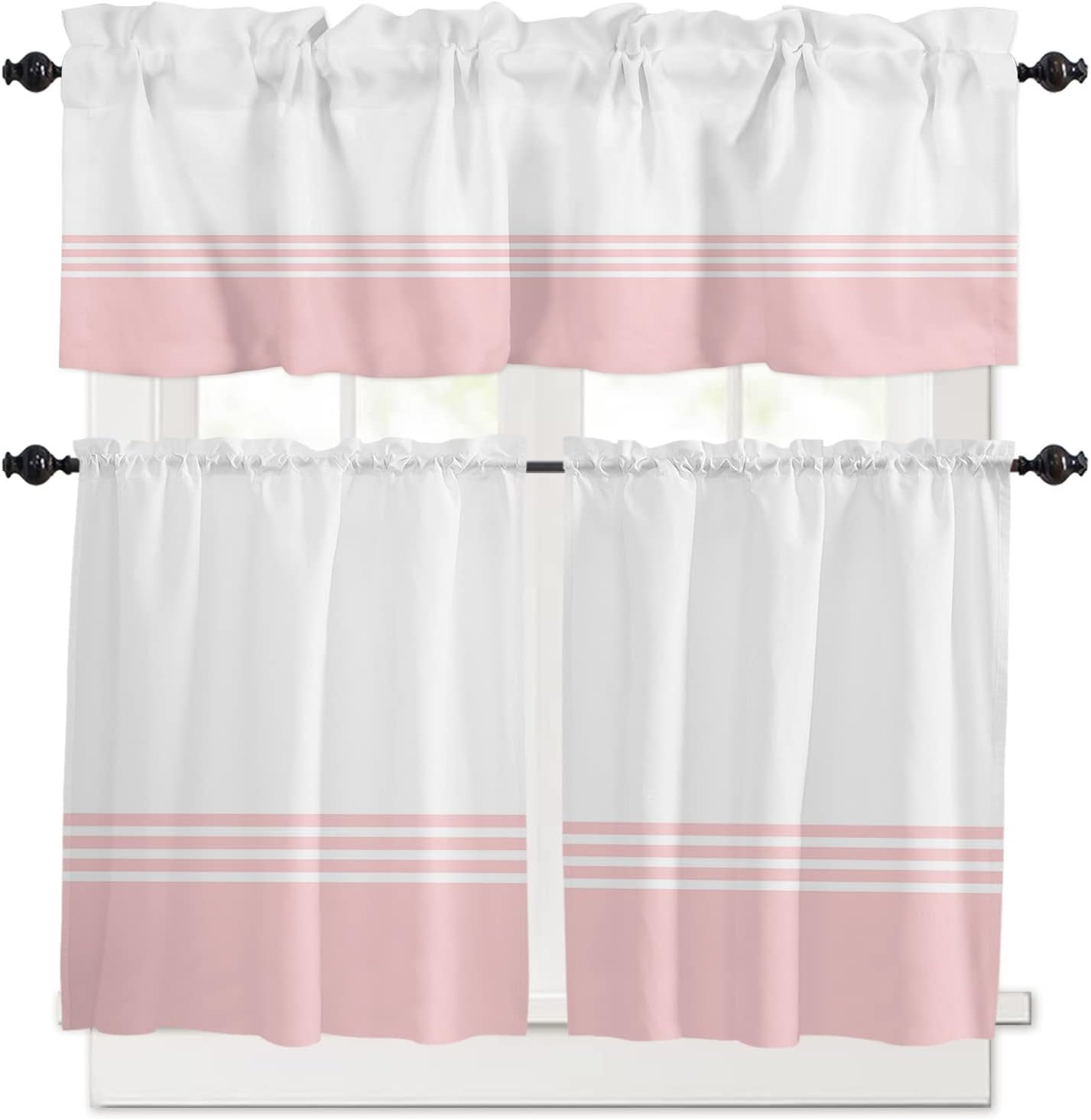 3 Piece Pink Stripes Modern Art Kitchen Curtains, Tier and Valance Rod