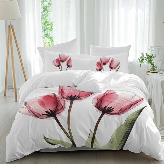 3 Piece Pink Tulips Duvet Cover Set Twin Size,Microfiber Comforter/Quilt Cover with Corner Ties and 2 Pillowcases,Green Leaf Country Flower White Botanical All Season Soft Bedding with Zipper Closure