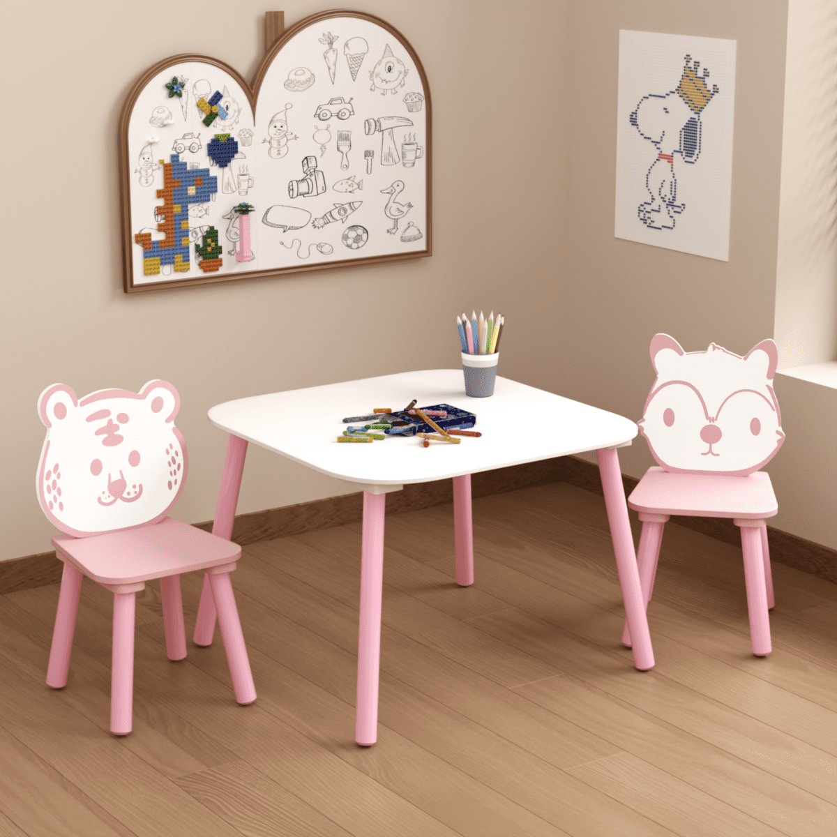 3 Piece Pink&White Wooden Kids Table and Chair Set   Animal Backrest Toddler Desk for Drawing  Learning  Playroom & Nursery
