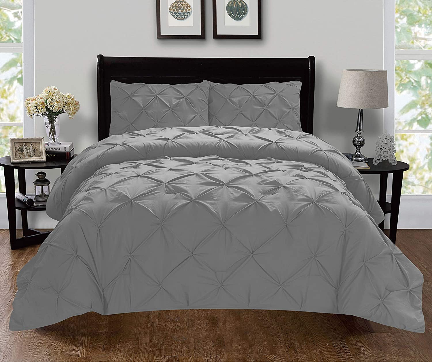 3-Piece Pintuck Design Duvet Cover Set 1500 Series Wrinkle-Free King/California King Gray