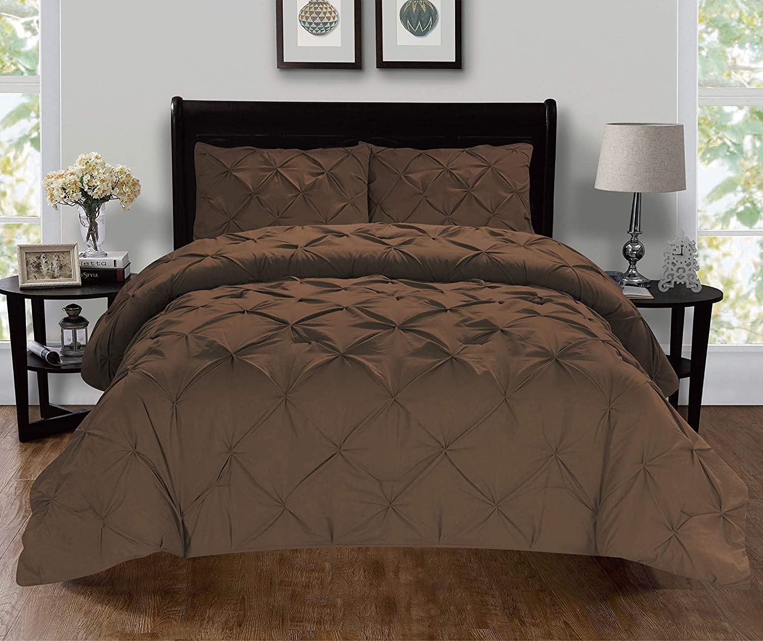 3-Piece Pintuck Design Duvet Cover SetWrinkle-Free Full/Queen Chocolate Brown