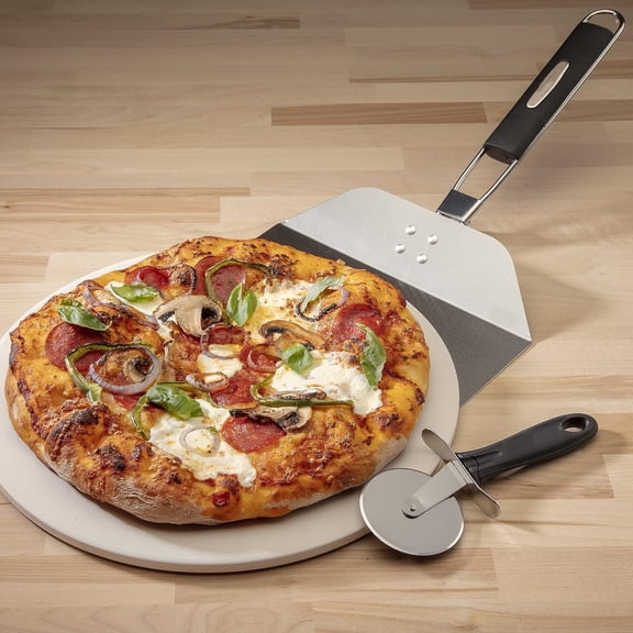 3 Piece Pizza Grilling Pack, 13 Round Pizza Stone for Grill with Cutter and Foldable Stainless Steel Peel, Complete Set to Build Your Own Pizzas at Home
