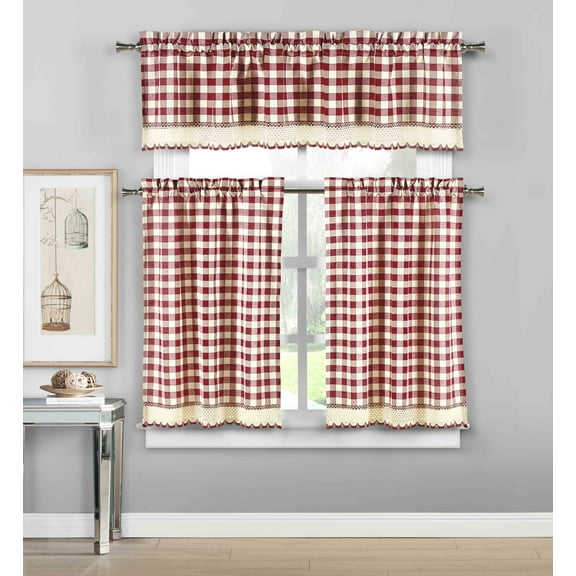 3 Piece Plaid, Checkered, Gingham Kitchen Curtain Set: 35% Cotton, 1 Valance, 2 Tier Panels, with Crochet Accent (Garnet)