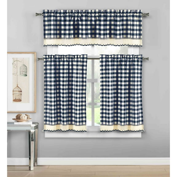 3 Piece Plaid, Checkered, Gingham Kitchen Curtain Set: 35% Cotton, 1 Valance, 2 Tier Panels, with Crochet Accent (Navy)