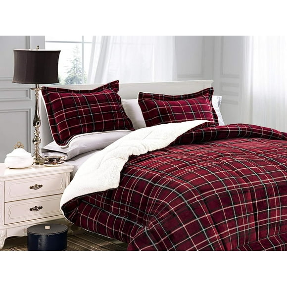 3-Piece Plaid Pattern Comforter Set - Soft and Plush Micromink Sherpa Backing, Reversible Bedding with Matching Shams, King/California King Size, Burgundy