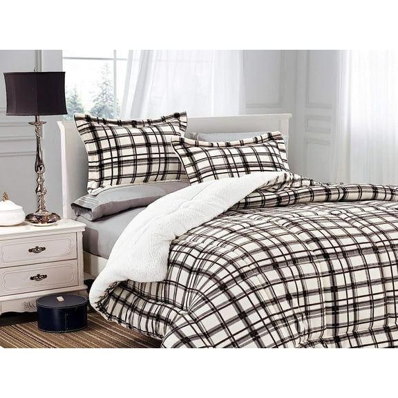 3-Piece Plaid Pattern Comforter Set - Soft and Plush Micromink Sherpa Backing, Reversible Bedding with Matching Shams, Full/Queen Size, Taupe