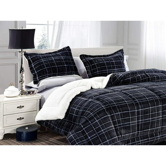 3-Piece Plaid Pattern Comforter Set - Soft and Plush Micromink Sherpa Backing, Reversible Bedding with Matchins Shams, Twin/Twin XL Size, Black