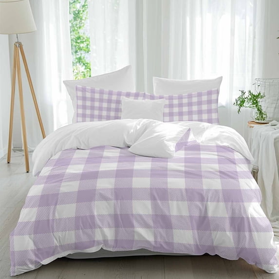 3 Piece Plaid Purple Rural Style,Duvet Cover Set California King,Microfiber Comforter/Quilt Cover with Corner Ties and 2 Pillowcases,Rural Abstract Geometric Lattice Soft Bedding with Zipper Closure