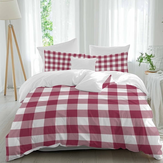 3 Piece Plaid Red, Duvet Cover Set Full Size, Microfiber Comforter/Quilt Cover with Corner Ties and 2 Pillowcases, Abstract Minimalistic Geometric Lattice All Season Soft Bedding with Zipper Closure