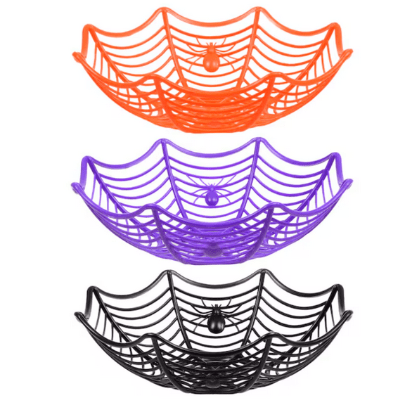 3 Piece Plastic Halloween Web-Shaped Spider Baskets - Perfect for Candy, Treats, and Decorations in 3 Spooky Colors