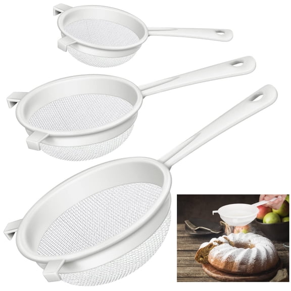 3-Piece Plastic Nylon Mesh Strainer Set with Double Ear Handles, Fine Food Strainer and Flour Sifter for Baking Needs, Includes 3 Inch, 5 Inch and 7 Inch Kitchen Colanders