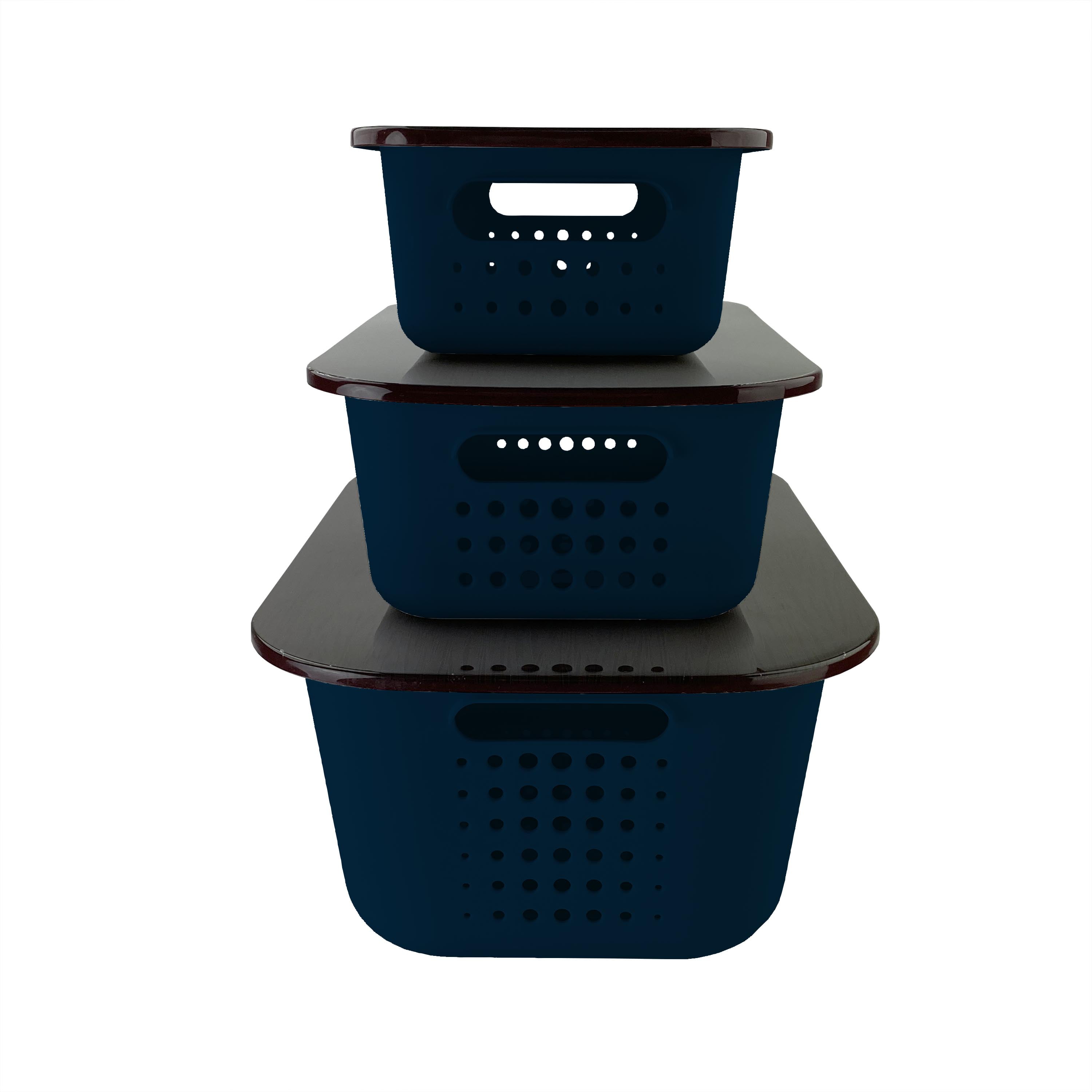 iPack 3-Piece Plastic Storage Set Containers with Lids - Navy/Brown