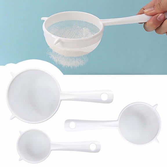 3 Piece Plastic Strainer with Handles - Fine Mesh Flour Sifter for Baking, Kefir & Tea, 3 Sizes for Kitchen Use (3/5/7 Inch)