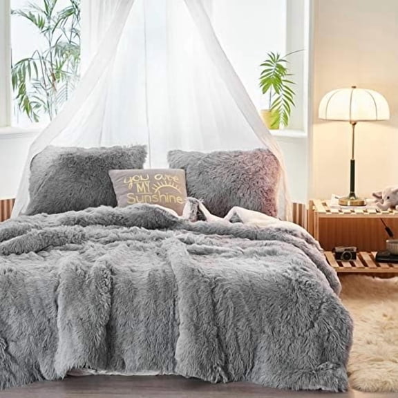 3-Piece Plush Shaggy Comforter Set, Twin Size Luxury Faux Fur Sherpa Reversible Bedding Comforter Set, Ultra Cozy Warm Fluffy Bedding Set for Winter (Light Gray, 68x86 inches)