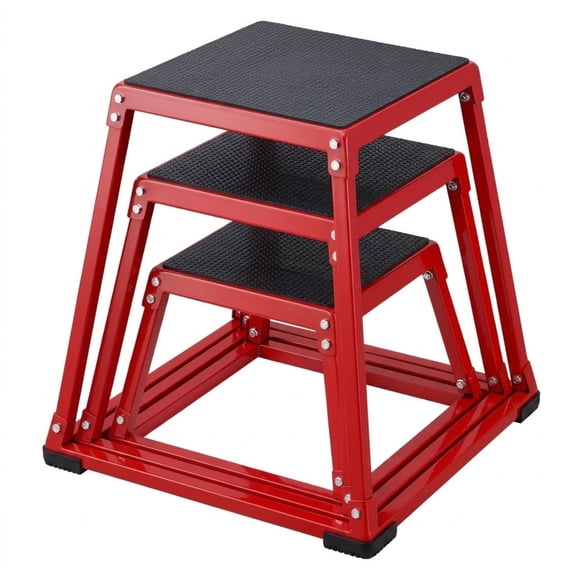 3-Piece Plyometric Jump Box Set, 12"/18"/24" Red Plyo Boxes, Anti-Slip Fitness Platform for Home Gym Strength Training
