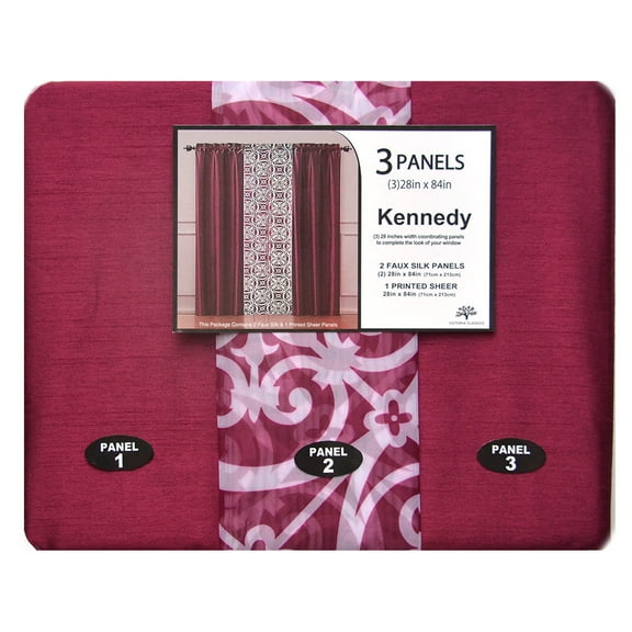 3 Piece Pole Top Window Curtain Set for Living Rooms: 2 Faux Silk Panels, 1 Printed Sheer Panel (Red)