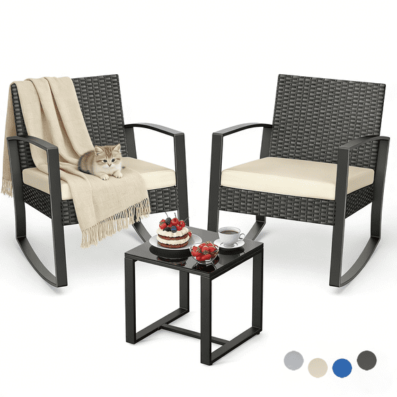 3-Piece Porch Balcony Furniture Set, Lofka Patio Rocking Chairs Set with Small Glass Table for Conversation and Break Time, Beige Cushion