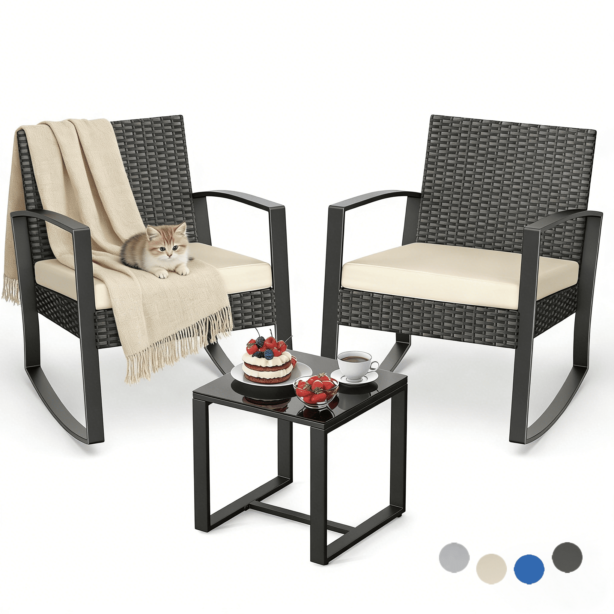 3-Piece Porch Balcony Furniture Set, Lofka Patio Rocking Chairs Set with Small Glass Table for Conversation and Break Time, Beige Cushion