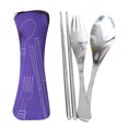 thumbnail image 1 of 3-Piece Portable Stainless Steel Cutlery Set with Cotton Bag, Travel Fork Spoon Chopsticks for Camping and Picnic, Purple, 1 of 7