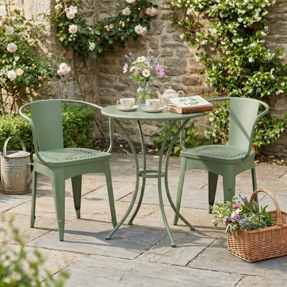 3 Piece Powder Coated Iron Outdoor Bistro Set Light Green Round Pierced Floral Table Two Matching Cafe Chairs Weather Resistant KD Patio Furniture for Balcony Porch Backyard Garden Deck