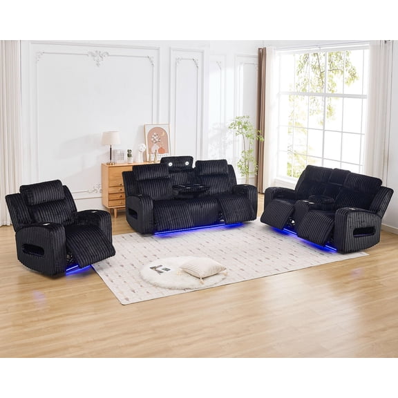 3PCS Power Zero Gravity Reclining Sofa Set with Adjustable Headrests,Bluetooth Speakers,Reading/LED Lights,Type C/USB Port,Cup Holders,Storage Console,Faux Fur Electric Couch,Loveseat,Recliner,Black