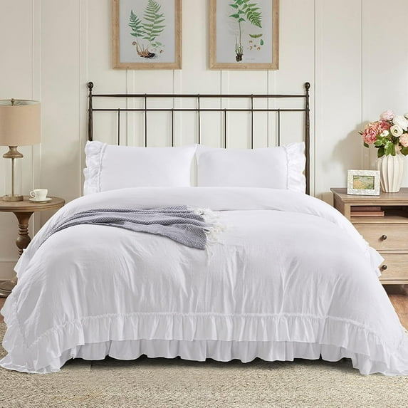 3 Piece Pre-Washed Queen Off White Duvet Cover Set - 2 Layers Ruffle with Solid Color Design - Farmhouse Style Farmer House Comforter Cover Set with 4 Corner Ties - Zipper Closure (Hans)