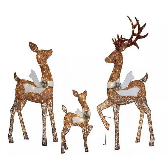 3-Piece Pre-lit Glittering Rustic Brown Deer Family - 60" Buck, 50" Doe & 28" Fawn - 260 Clear LED Lights - Christmas Deer Family