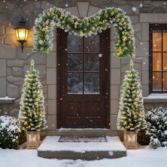 3-Piece Prelit Christmas Tree Set, Set of 2 Artificial Entrance Christmas Trees with Lights, Christmas Wreath, for Fireplace Front Porch Seasonal Holiday Decoration