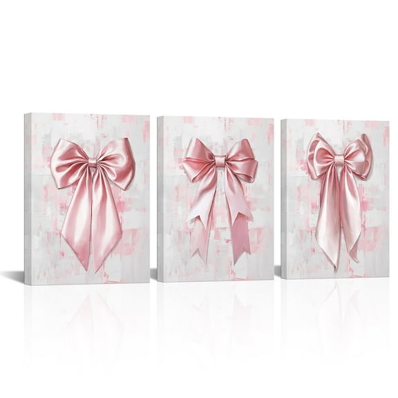 3 Piece Preppy Pink Bow Wall Art, Watercolor Bowknot Aesthetic Girly Canvas Print Painting Picture and Poster with Framed Wall Decor for Livingroom and Bedroom