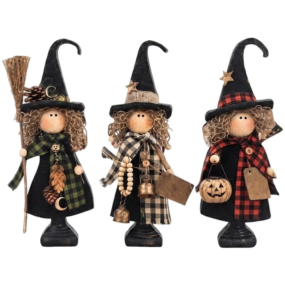 3-Piece Primitive Halloween Witch Figurine Set, 5.9-Inch Rustic Folk Art Witches with Plaid Fabric, Pumpkin and Broom Accents for Mantel, Shelf, Coffee Bar & Farmhouse Fall Decor