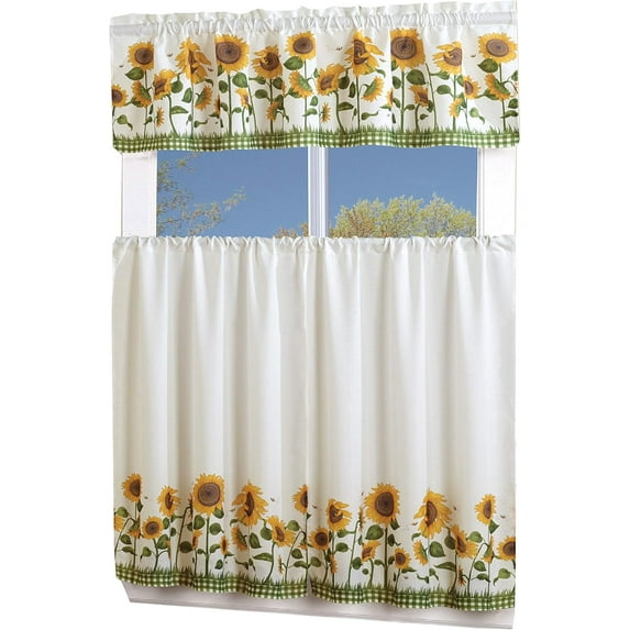 3 Piece Printed Floral Kitchen/Cafe Curtain with Swag and Tier Window Curtain Set, White, Sunflower