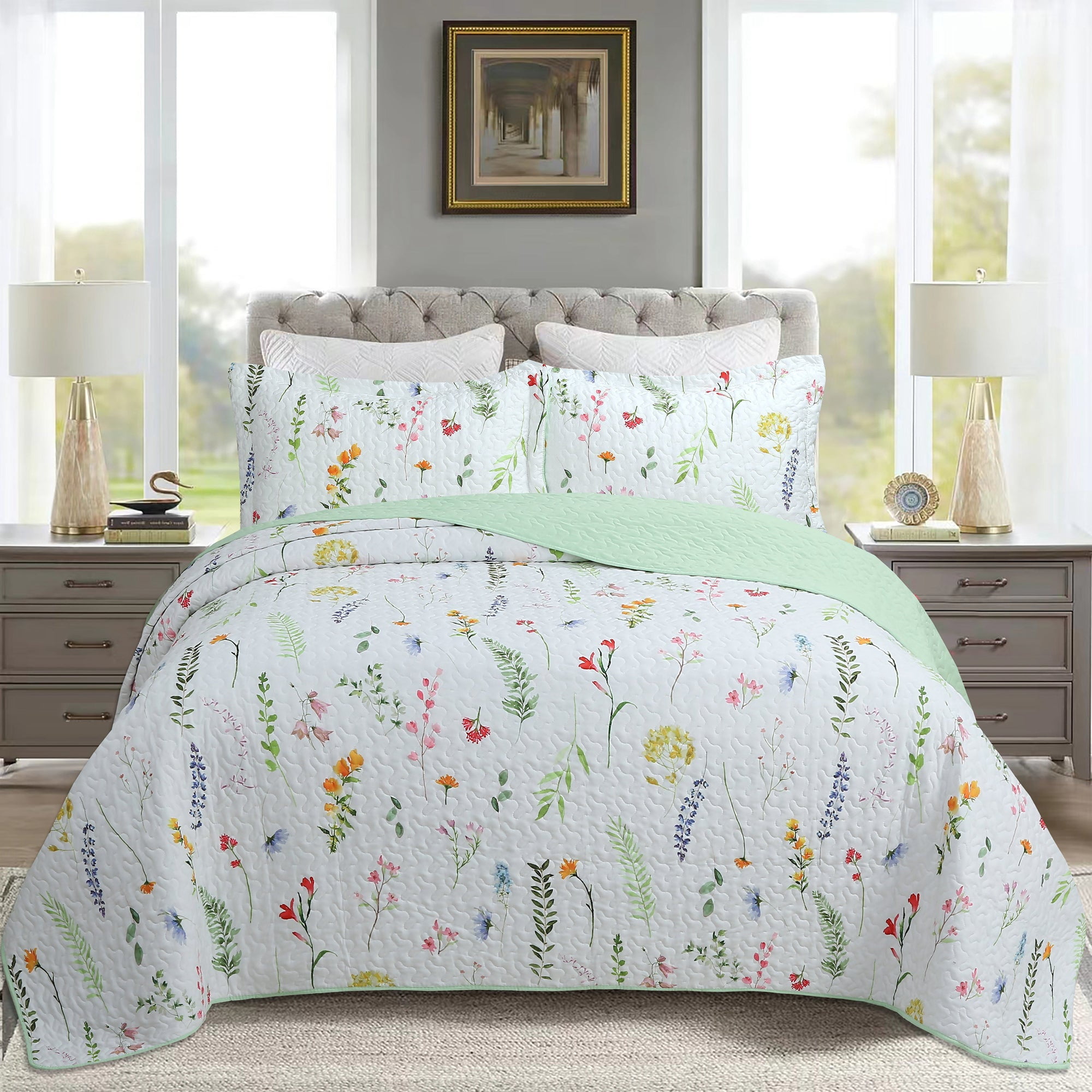 3-Piece Printed Floral Quilt Set Lightweight Bedspread with Pillow Shams, Soft & Breathable Bedding ME505
