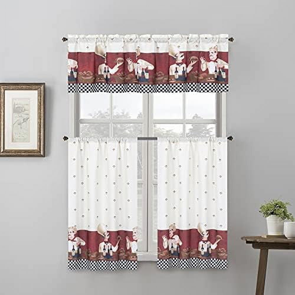 3 Piece Printed Kitchen Curtain Set, 1 Valance & 2 Tiers (36" Tiers Set