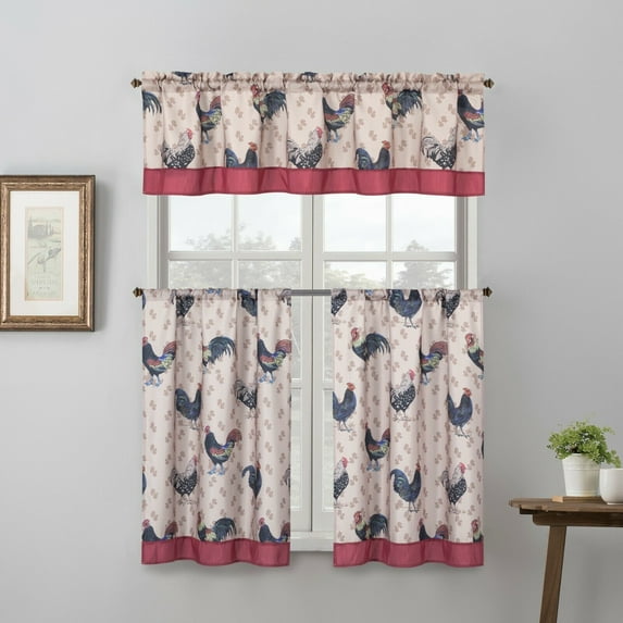 3 Piece Printed Kitchen Curtain Set, 1 Valance & 2 Tiers