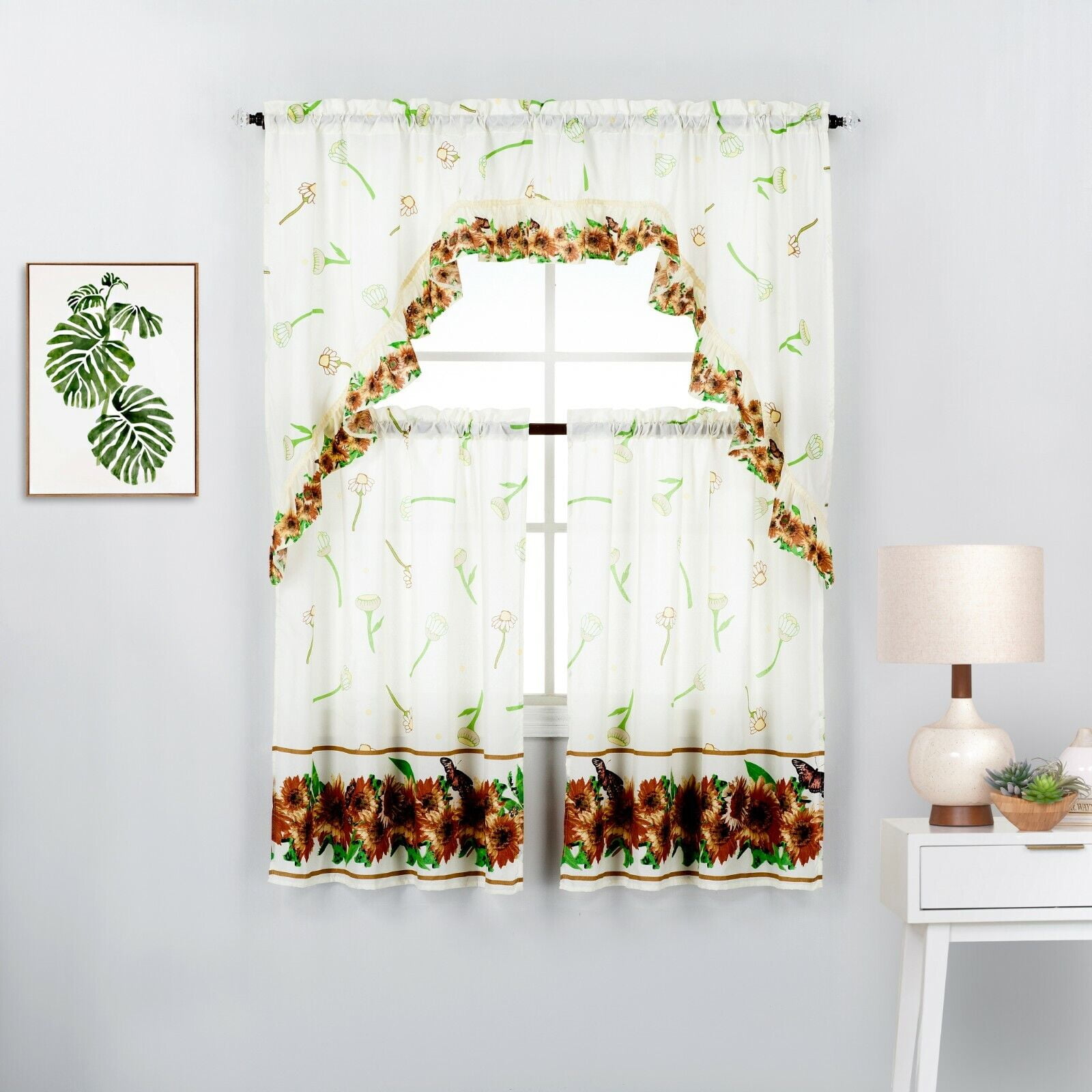 3 Piece Printed Kitchen Window Curtain Panel Tiers and Swag Valance Set ...